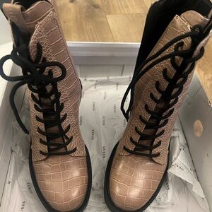 Guess Women's Crocodile-Embossed Lace-Up Boots - Beige